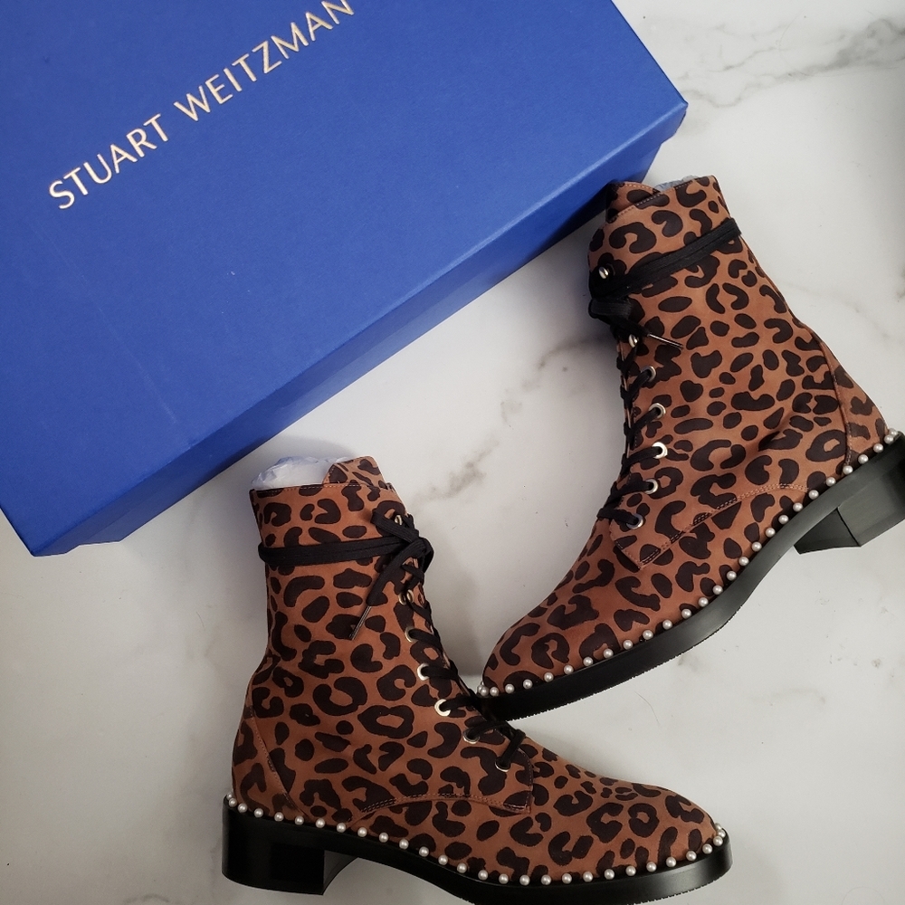 Stuart Weitzman Sondra Faux Pearl Cheetah Leopard Combat  Boots Sz 38